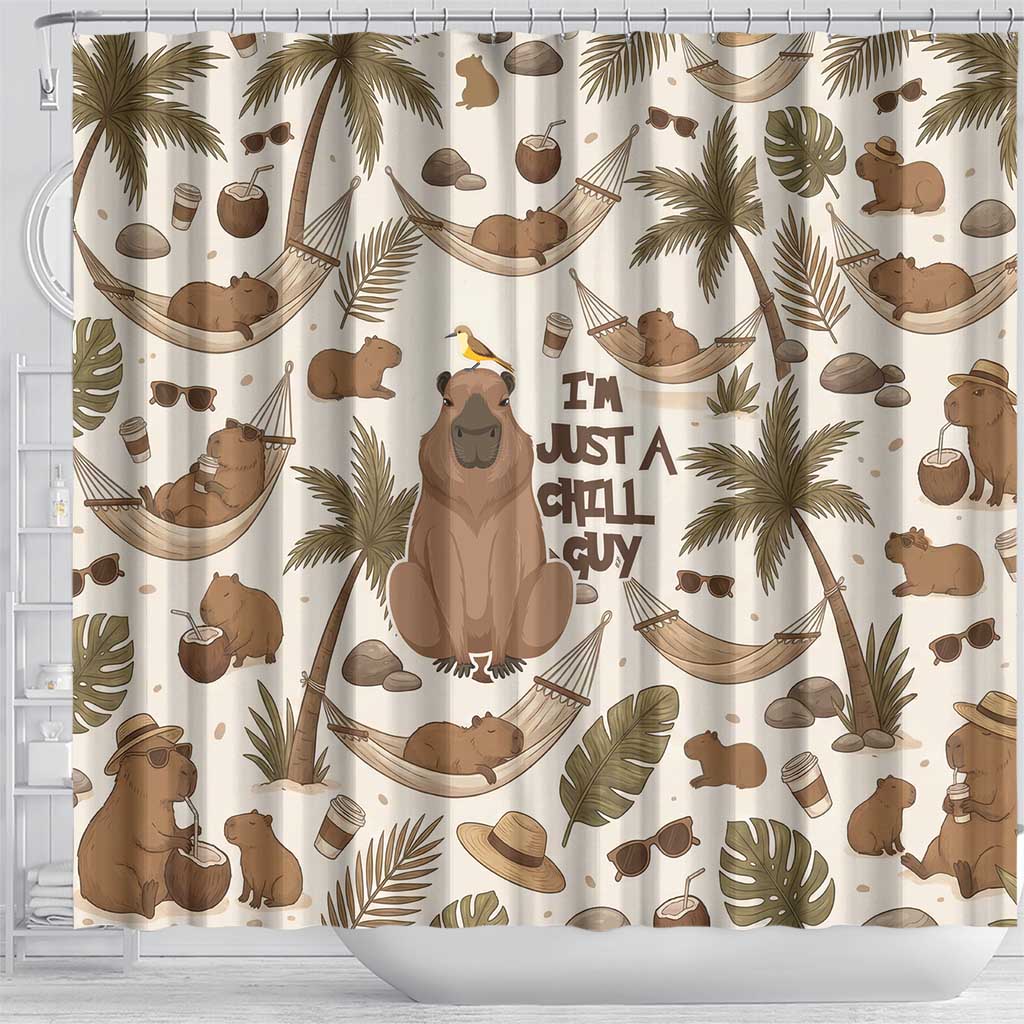 Chill Capybara Vibes Shower Curtain with Hammock and Coconut Tropical Relaxed Style