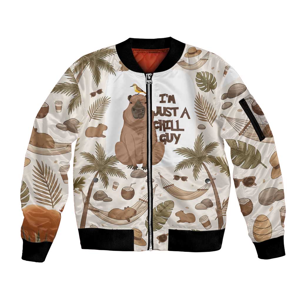 Chill Capybara Vibes Sleeve Zip Bomber Jacket with Hammock and Coconut Tropical Relaxed Style