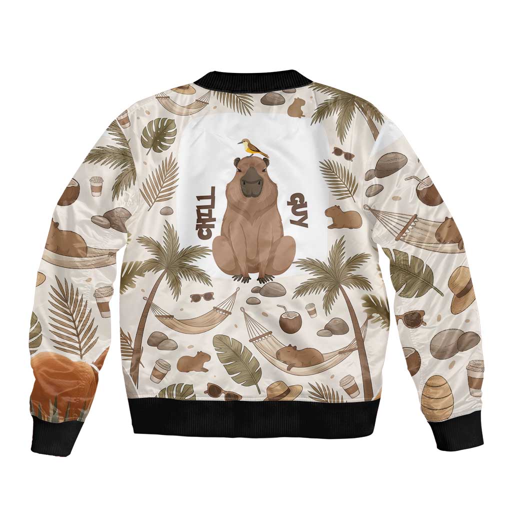 Chill Capybara Vibes Sleeve Zip Bomber Jacket with Hammock and Coconut Tropical Relaxed Style