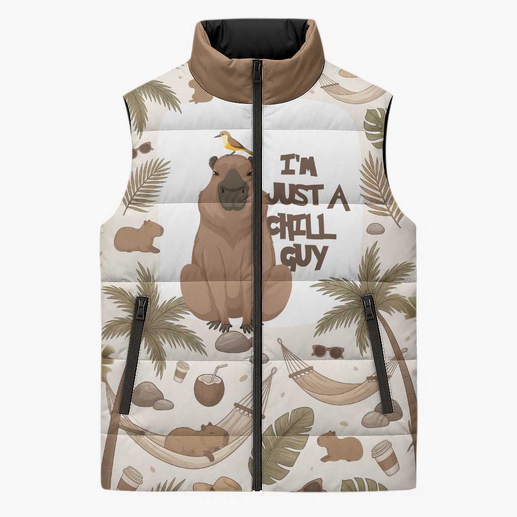 Chill Capybara Vibes Sleeveless Puffer Jacket with Hammock and Coconut Tropical Relaxed Style
