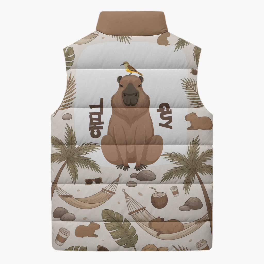 Chill Capybara Vibes Sleeveless Puffer Jacket with Hammock and Coconut Tropical Relaxed Style