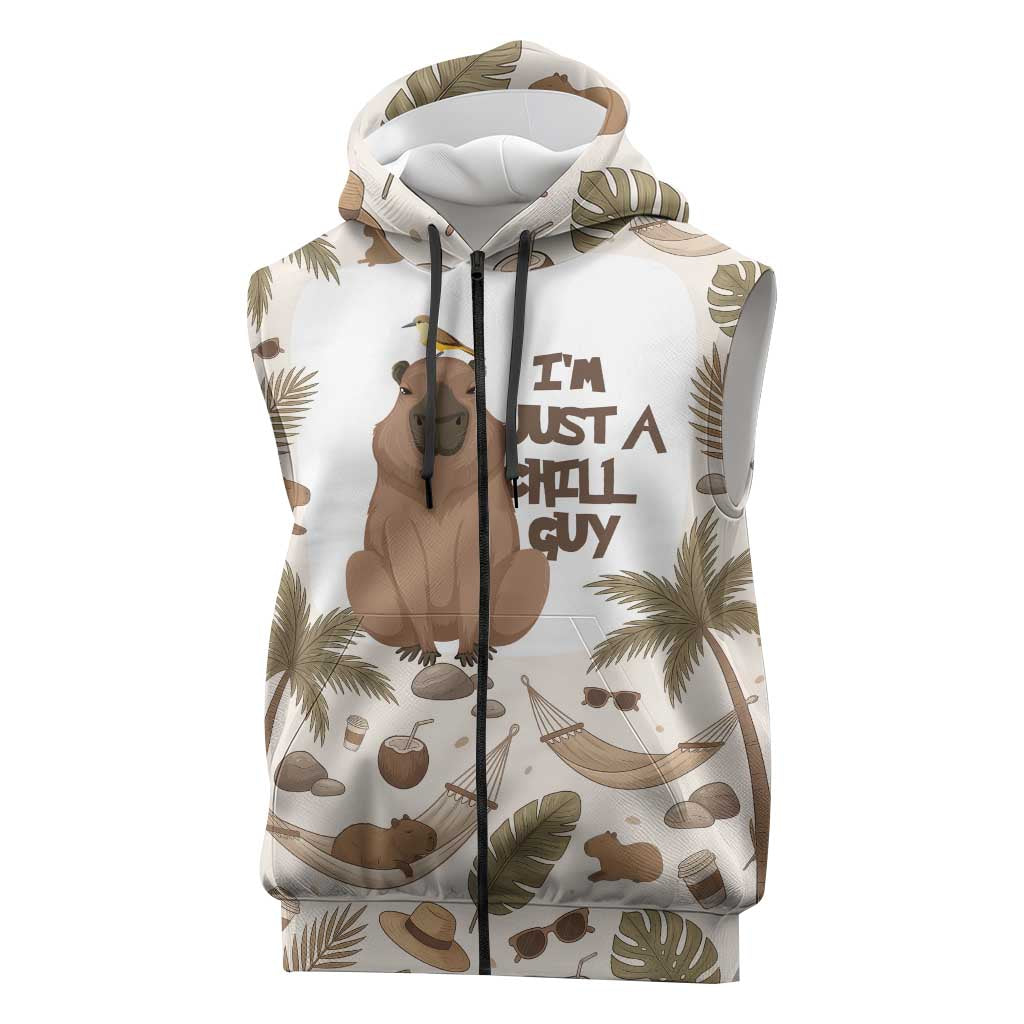 Chill Capybara Vibes Sleeveless Zip Hoodie with Hammock and Coconut Tropical Relaxed Style