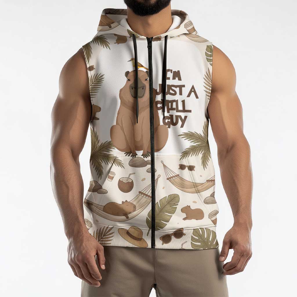Chill Capybara Vibes Sleeveless Zip Hoodie with Hammock and Coconut Tropical Relaxed Style