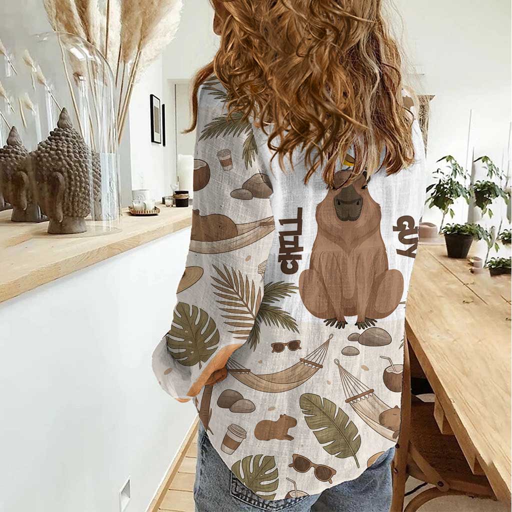 Chill Capybara Vibes Women Casual Shirt with Hammock and Coconut Tropical Relaxed Style