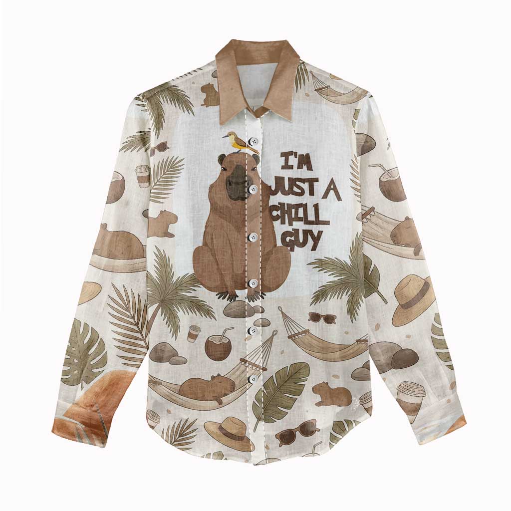 Chill Capybara Vibes Women Casual Shirt with Hammock and Coconut Tropical Relaxed Style