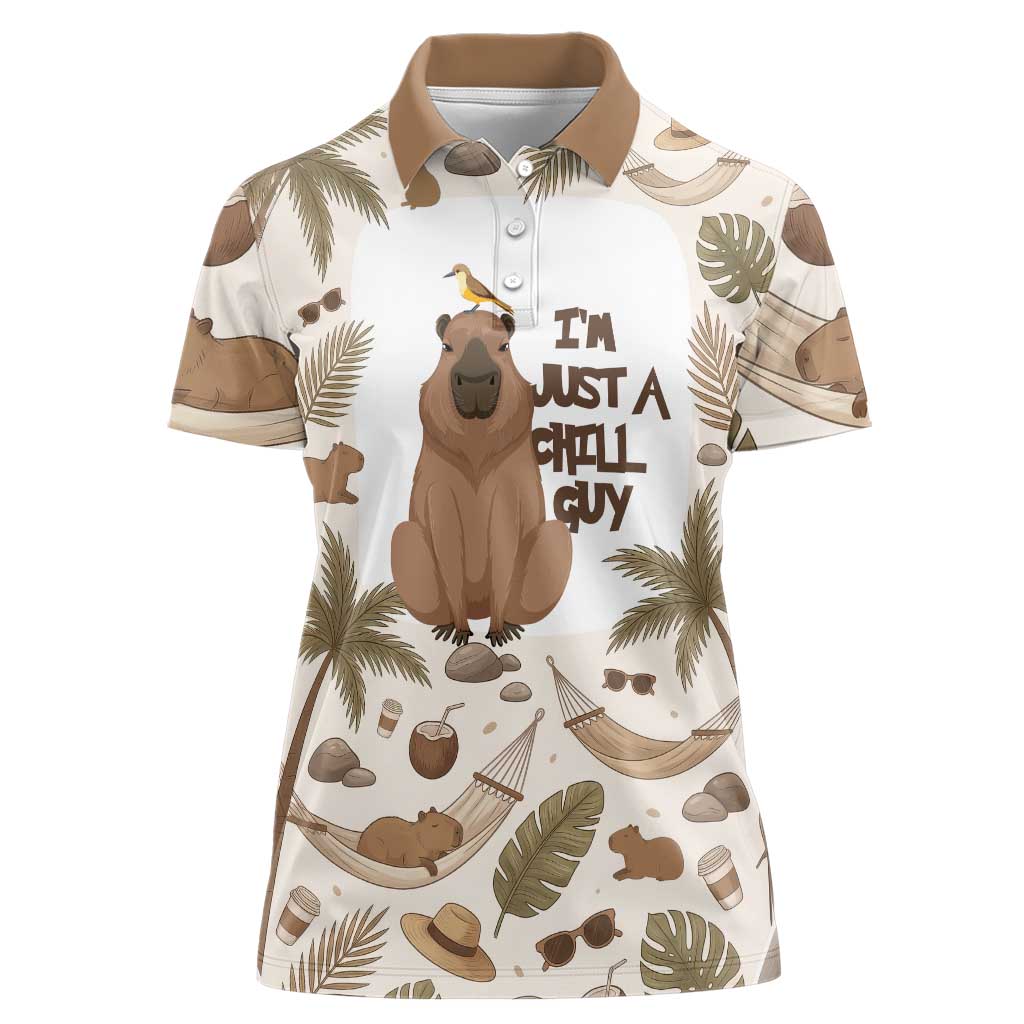 Chill Capybara Vibes Women Polo Shirt with Hammock and Coconut Tropical Relaxed Style