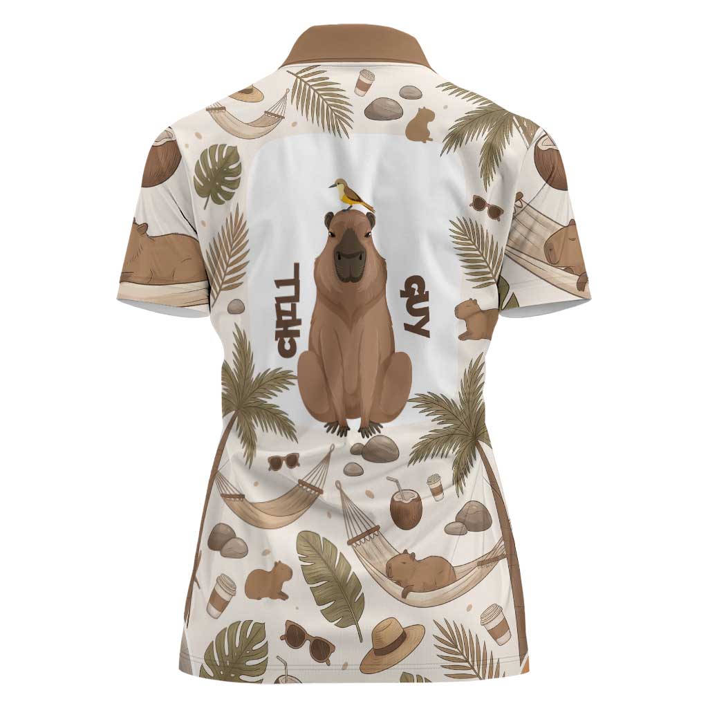 Chill Capybara Vibes Women Polo Shirt with Hammock and Coconut Tropical Relaxed Style