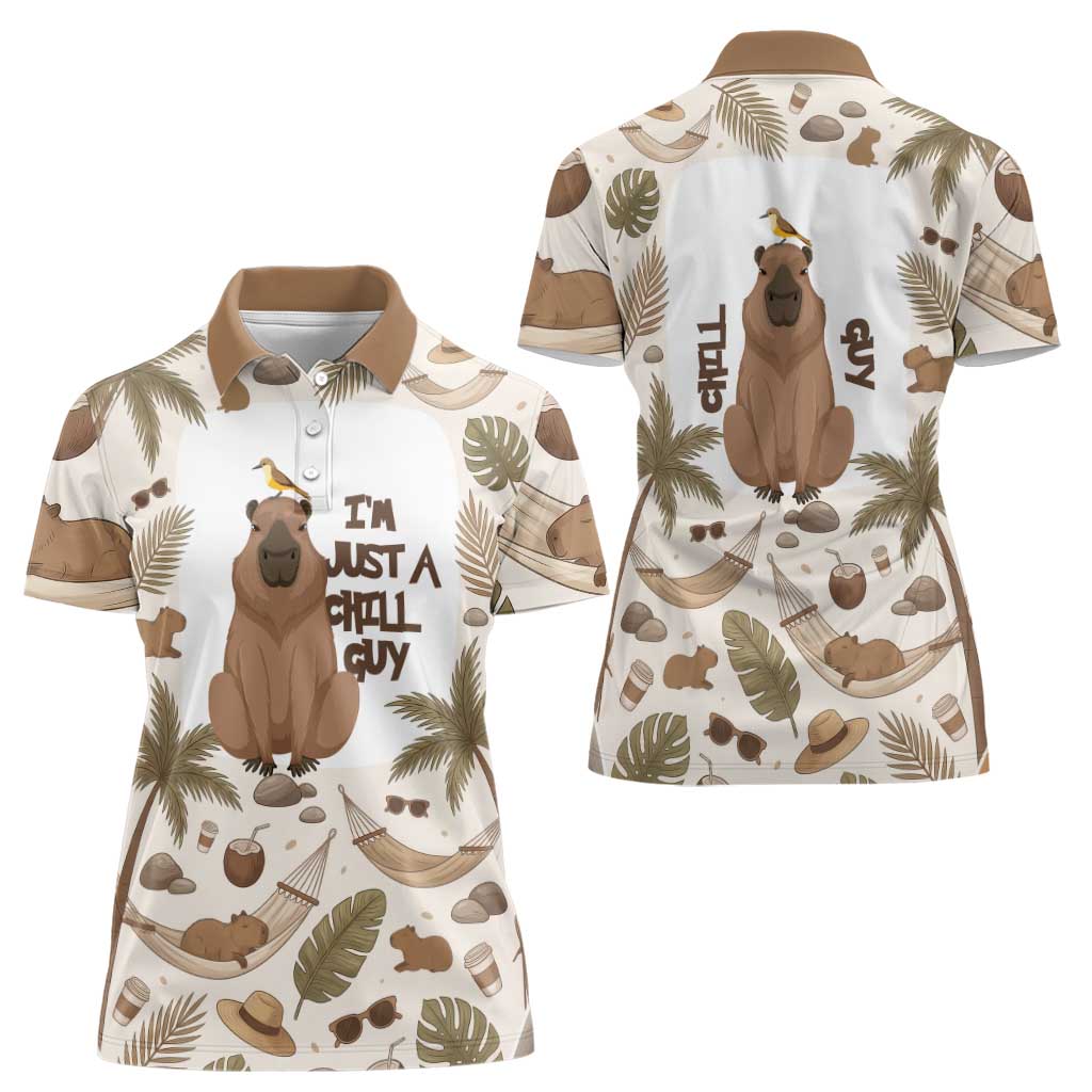 Chill Capybara Vibes Women Polo Shirt with Hammock and Coconut Tropical Relaxed Style