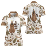 Chill Capybara Vibes Women Polo Shirt with Hammock and Coconut Tropical Relaxed Style