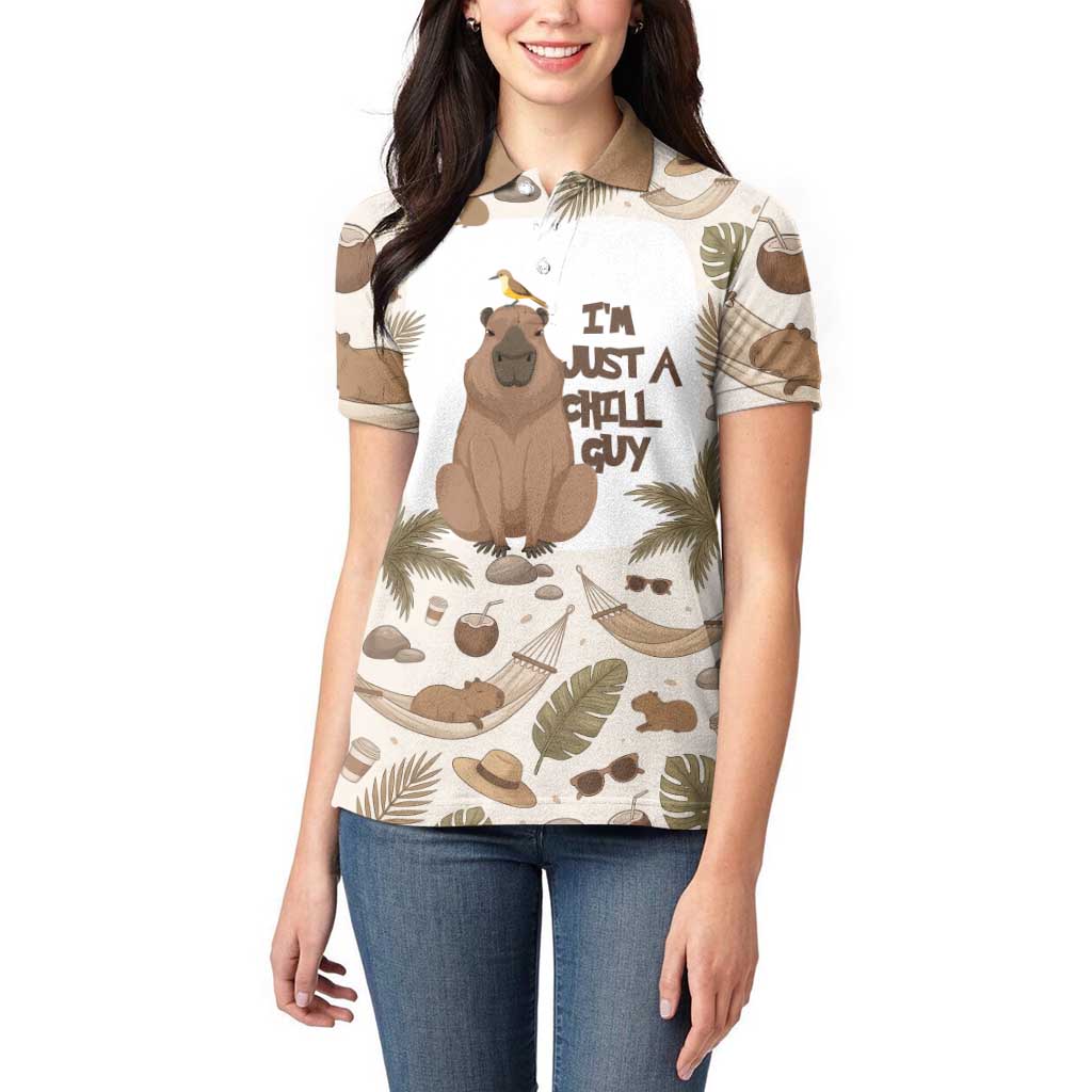 Chill Capybara Vibes Women Polo Shirt with Hammock and Coconut Tropical Relaxed Style