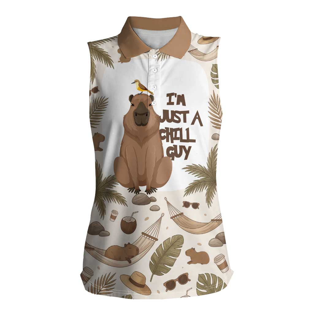 Chill Capybara Vibes Women Sleeveless Polo Shirt with Hammock and Coconut Tropical Relaxed Style
