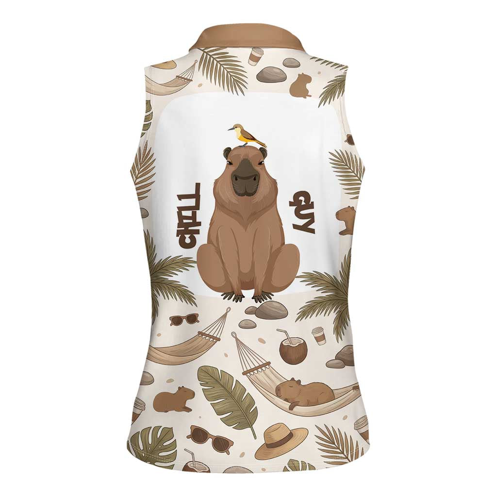 Chill Capybara Vibes Women Sleeveless Polo Shirt with Hammock and Coconut Tropical Relaxed Style
