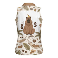Chill Capybara Vibes Women Sleeveless Polo Shirt with Hammock and Coconut Tropical Relaxed Style