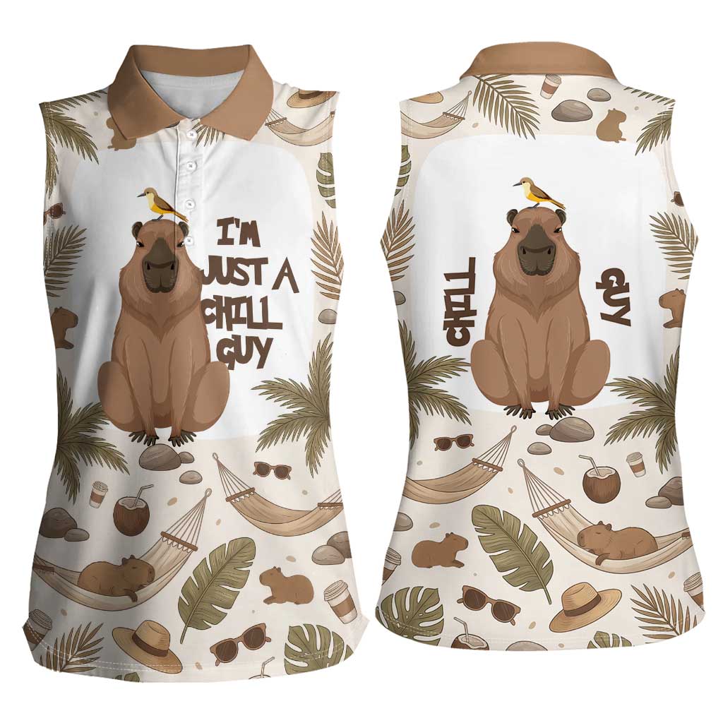 Chill Capybara Vibes Women Sleeveless Polo Shirt with Hammock and Coconut Tropical Relaxed Style