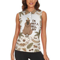 Chill Capybara Vibes Women Sleeveless Polo Shirt with Hammock and Coconut Tropical Relaxed Style