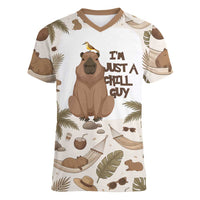 Chill Capybara Vibes Women V-Neck T-Shirt with Hammock and Coconut Tropical Relaxed Style