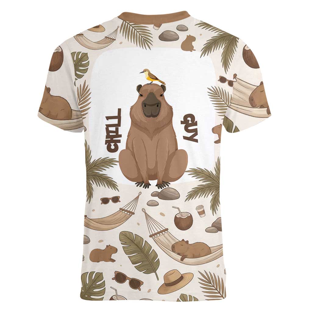 Chill Capybara Vibes Women V-Neck T-Shirt with Hammock and Coconut Tropical Relaxed Style