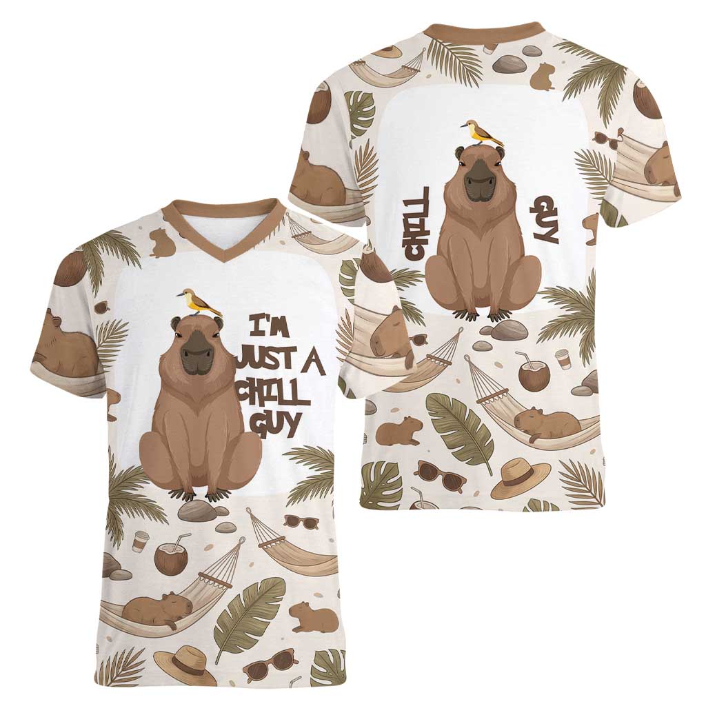 Chill Capybara Vibes Women V-Neck T-Shirt with Hammock and Coconut Tropical Relaxed Style