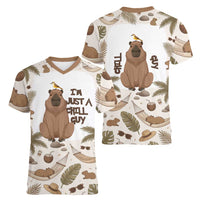 Chill Capybara Vibes Women V-Neck T-Shirt with Hammock and Coconut Tropical Relaxed Style