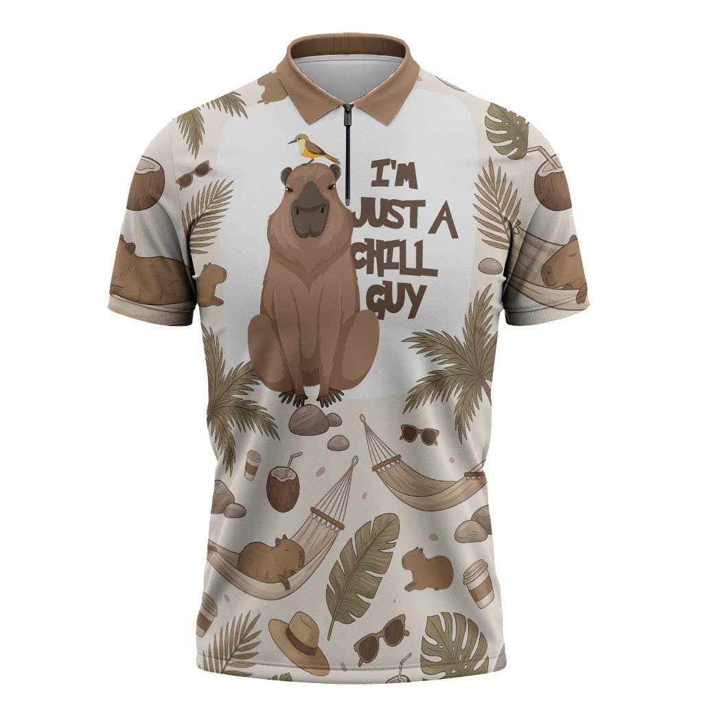 Chill Capybara Vibes Zipper Polo Shirt with Hammock and Coconut Tropical Relaxed Style