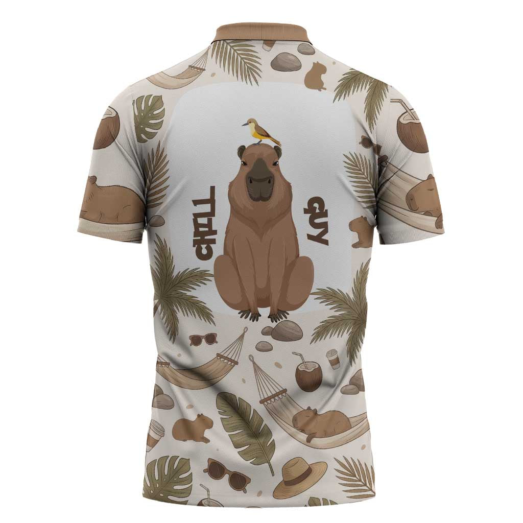 Chill Capybara Vibes Zipper Polo Shirt with Hammock and Coconut Tropical Relaxed Style
