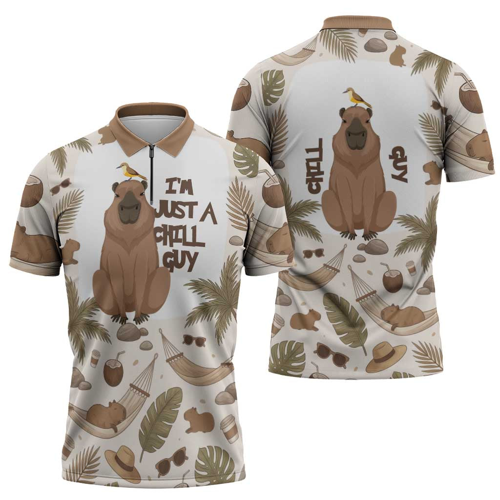 Chill Capybara Vibes Zipper Polo Shirt with Hammock and Coconut Tropical Relaxed Style