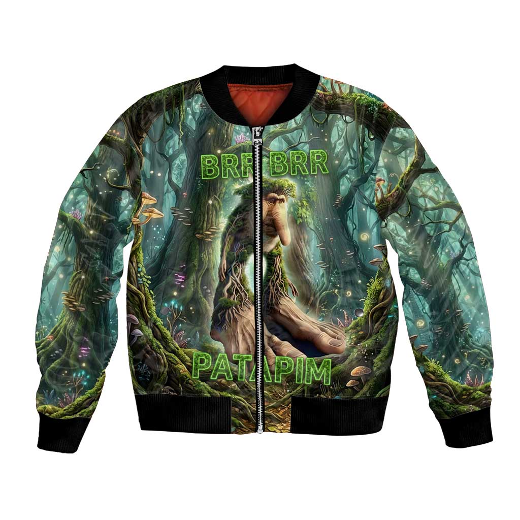 Brr Brr Patapim Bomber Jacket Glowing Heart and Magical Tree Roots in Enchanted Woods