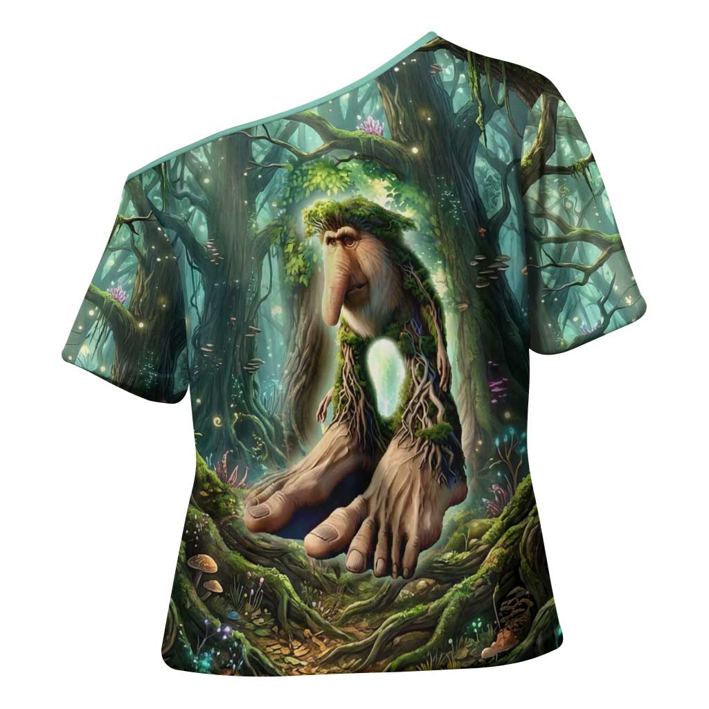 Brr Brr Patapim Cross Shoulder Shirt Glowing Heart and Magical Tree Roots in Enchanted Woods