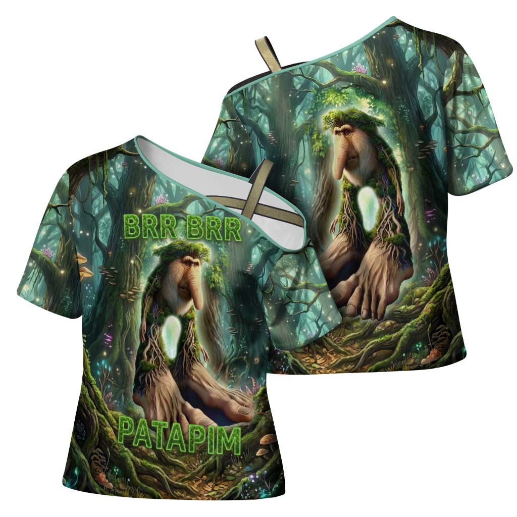 Brr Brr Patapim Cross Shoulder Shirt Glowing Heart and Magical Tree Roots in Enchanted Woods