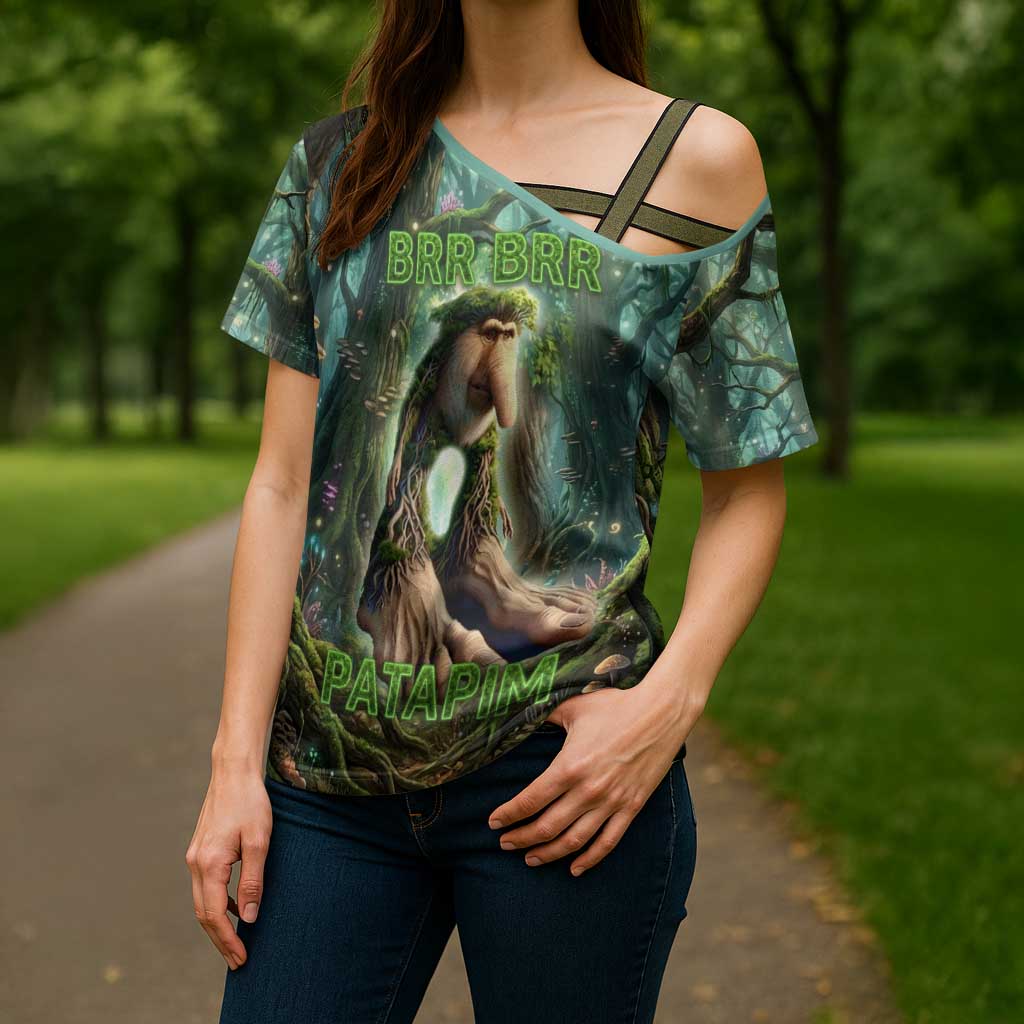 Brr Brr Patapim Cross Shoulder Shirt Glowing Heart and Magical Tree Roots in Enchanted Woods
