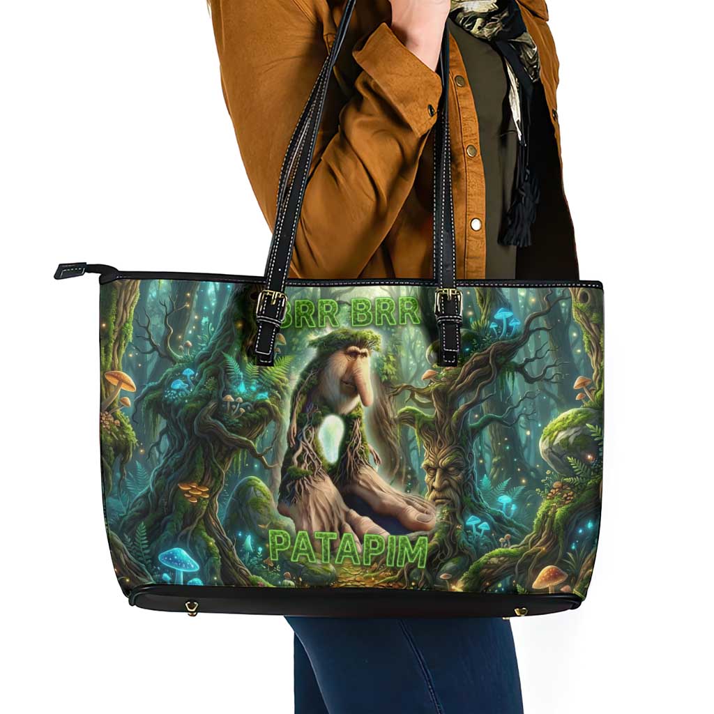 Brr Brr Patapim Leather Tote Bag Glowing Heart and Magical Tree Roots in Enchanted Woods