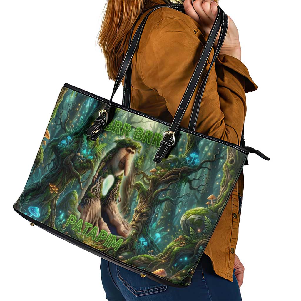 Brr Brr Patapim Leather Tote Bag Glowing Heart and Magical Tree Roots in Enchanted Woods