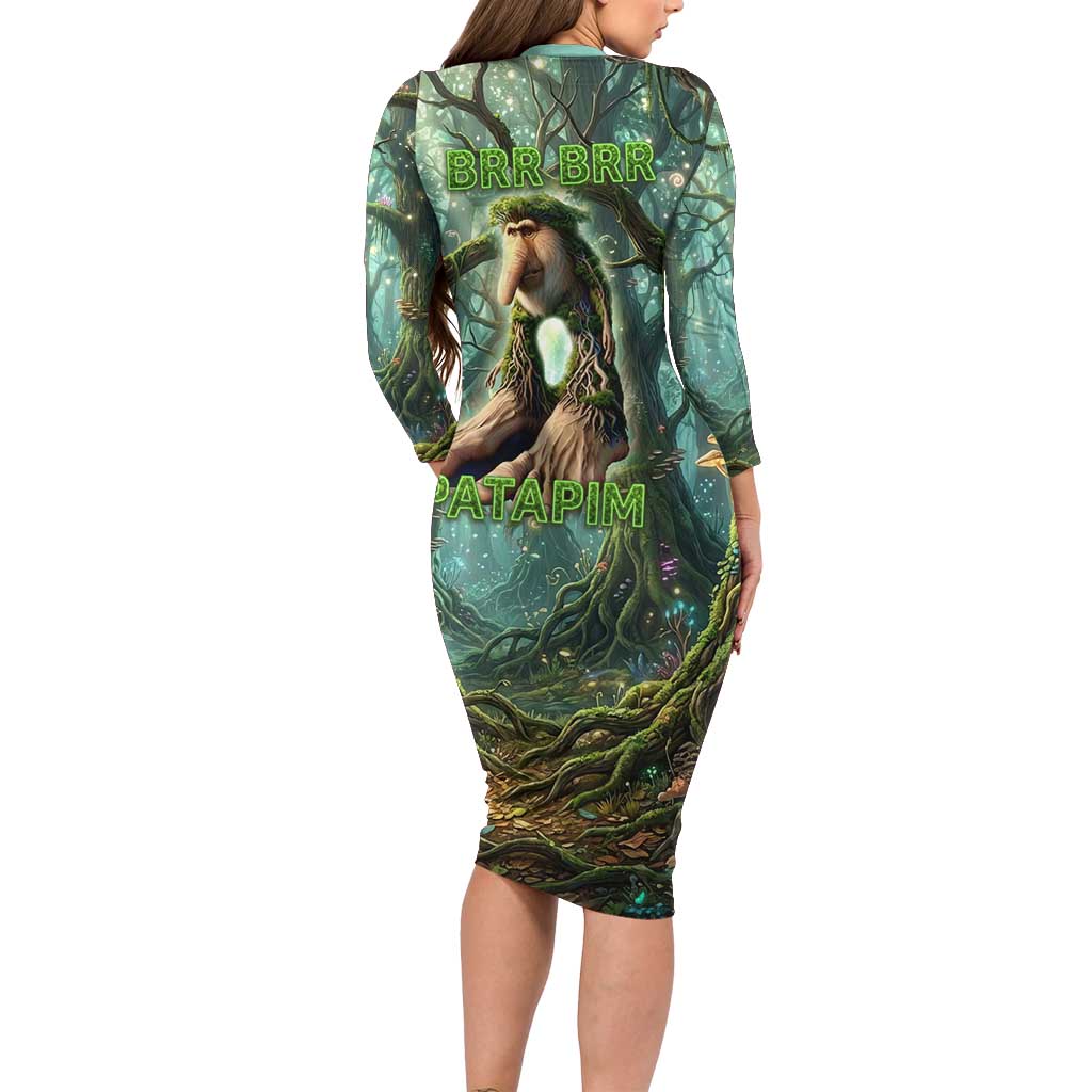 Brr Brr Patapim Long Sleeve Bodycon Dress Glowing Heart and Magical Tree Roots in Enchanted Woods