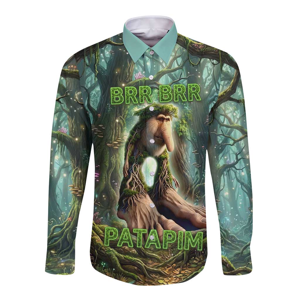 Brr Brr Patapim Long Sleeve Button Shirt Glowing Heart and Magical Tree Roots in Enchanted Woods