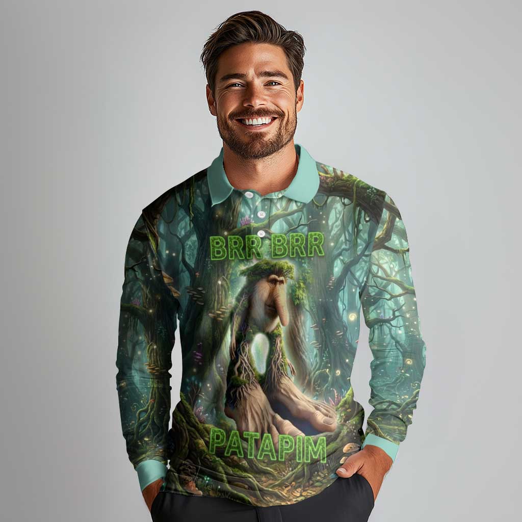 Brr Brr Patapim Long Sleeve Polo Shirt Glowing Heart and Magical Tree Roots in Enchanted Woods