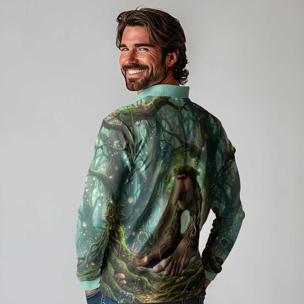 Brr Brr Patapim Long Sleeve Polo Shirt Glowing Heart and Magical Tree Roots in Enchanted Woods