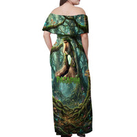 Brr Brr Patapim Off Shoulder Maxi Dress Glowing Heart and Magical Tree Roots in Enchanted Woods