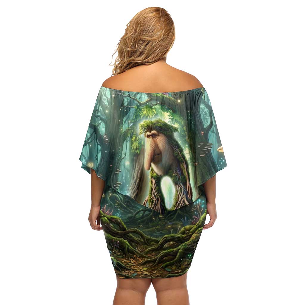 Brr Brr Patapim Off Shoulder Short Dress Glowing Heart and Magical Tree Roots in Enchanted Woods