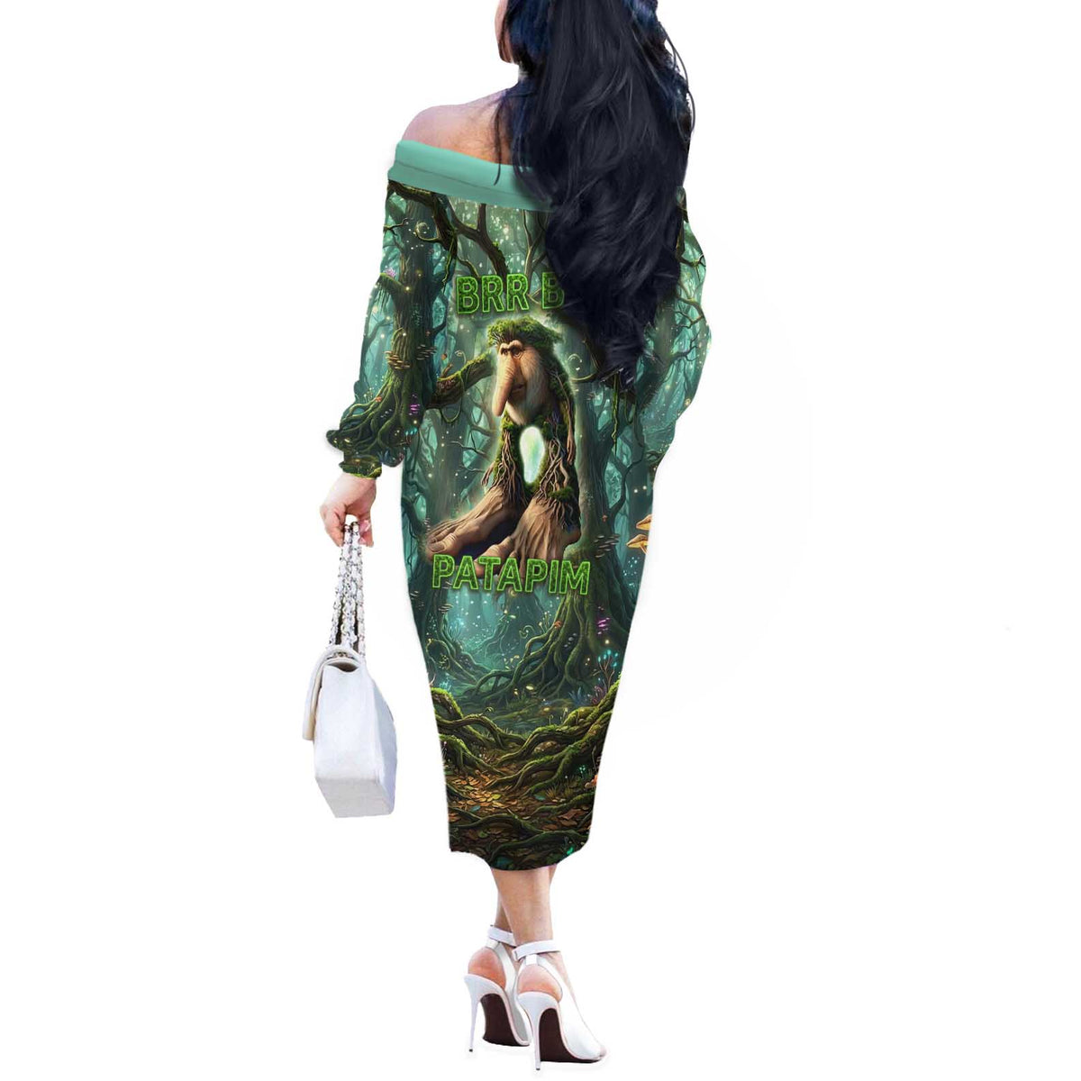 Brr Brr Patapim Off The Shoulder Long Sleeve Dress Glowing Heart and Magical Tree Roots in Enchanted Woods