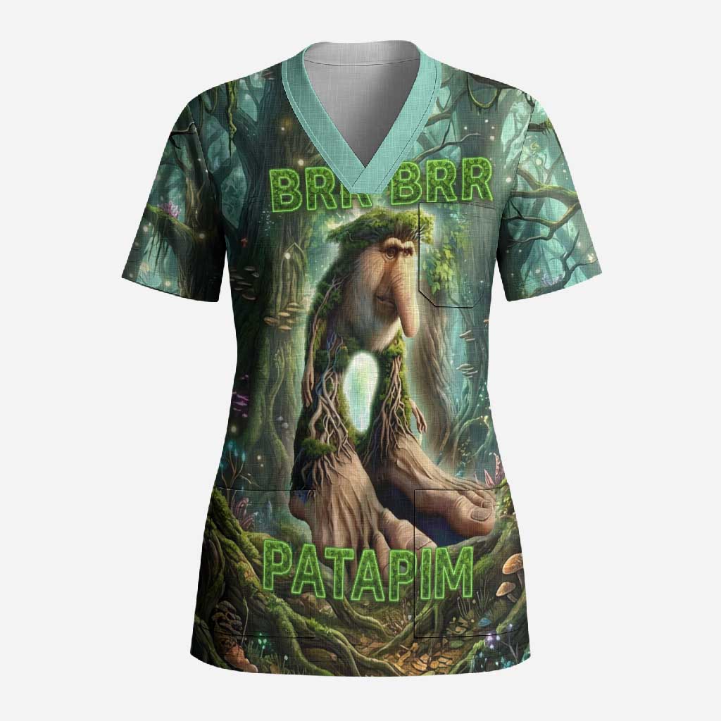 Brr Brr Patapim Scrub Top Glowing Heart and Magical Tree Roots in Enchanted Woods