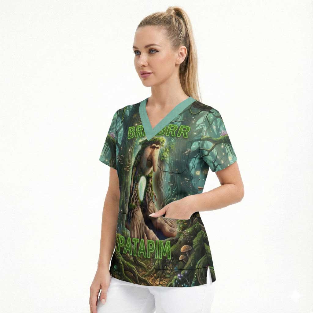 Brr Brr Patapim Scrub Top Glowing Heart and Magical Tree Roots in Enchanted Woods