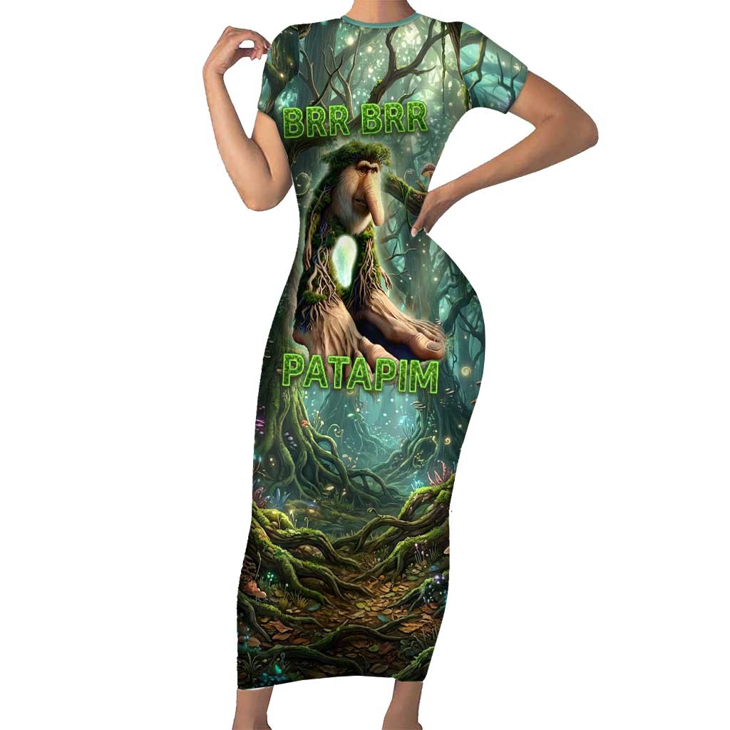 Brr Brr Patapim Short Sleeve Bodycon Dress Glowing Heart and Magical Tree Roots in Enchanted Woods