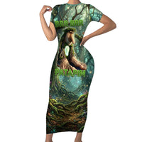 Brr Brr Patapim Short Sleeve Bodycon Dress Glowing Heart and Magical Tree Roots in Enchanted Woods