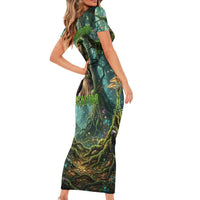 Brr Brr Patapim Short Sleeve Bodycon Dress Glowing Heart and Magical Tree Roots in Enchanted Woods