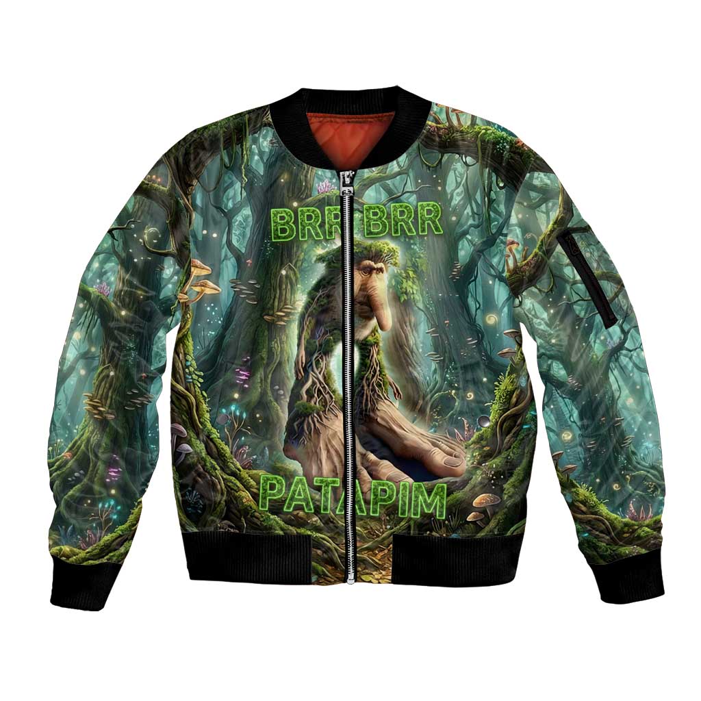 Brr Brr Patapim Sleeve Zip Bomber Jacket Glowing Heart and Magical Tree Roots in Enchanted Woods