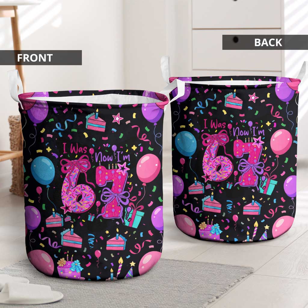 7th Birthday Girl Laundry Basket with Cake Balloons Confetti and I Was 6 Now I'm 7