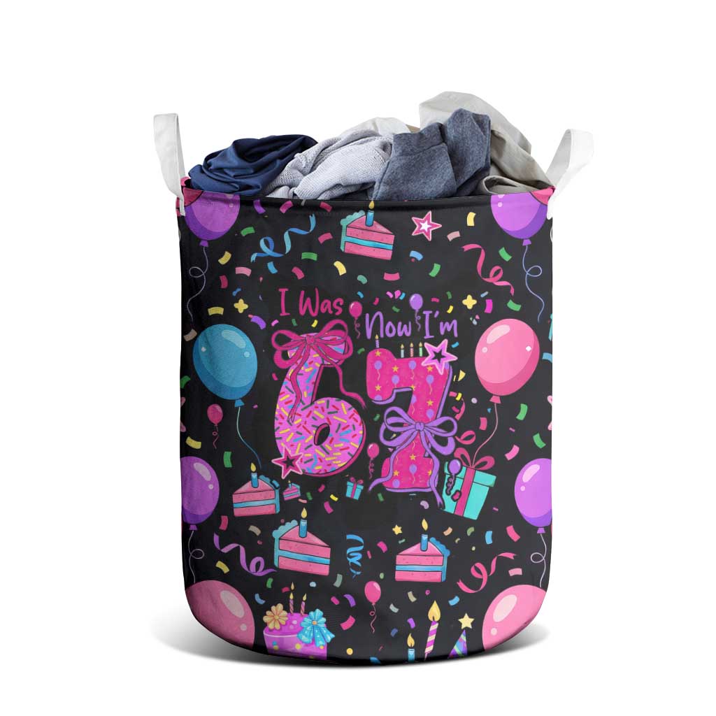 7th Birthday Girl Laundry Basket with Cake Balloons Confetti and I Was 6 Now I'm 7