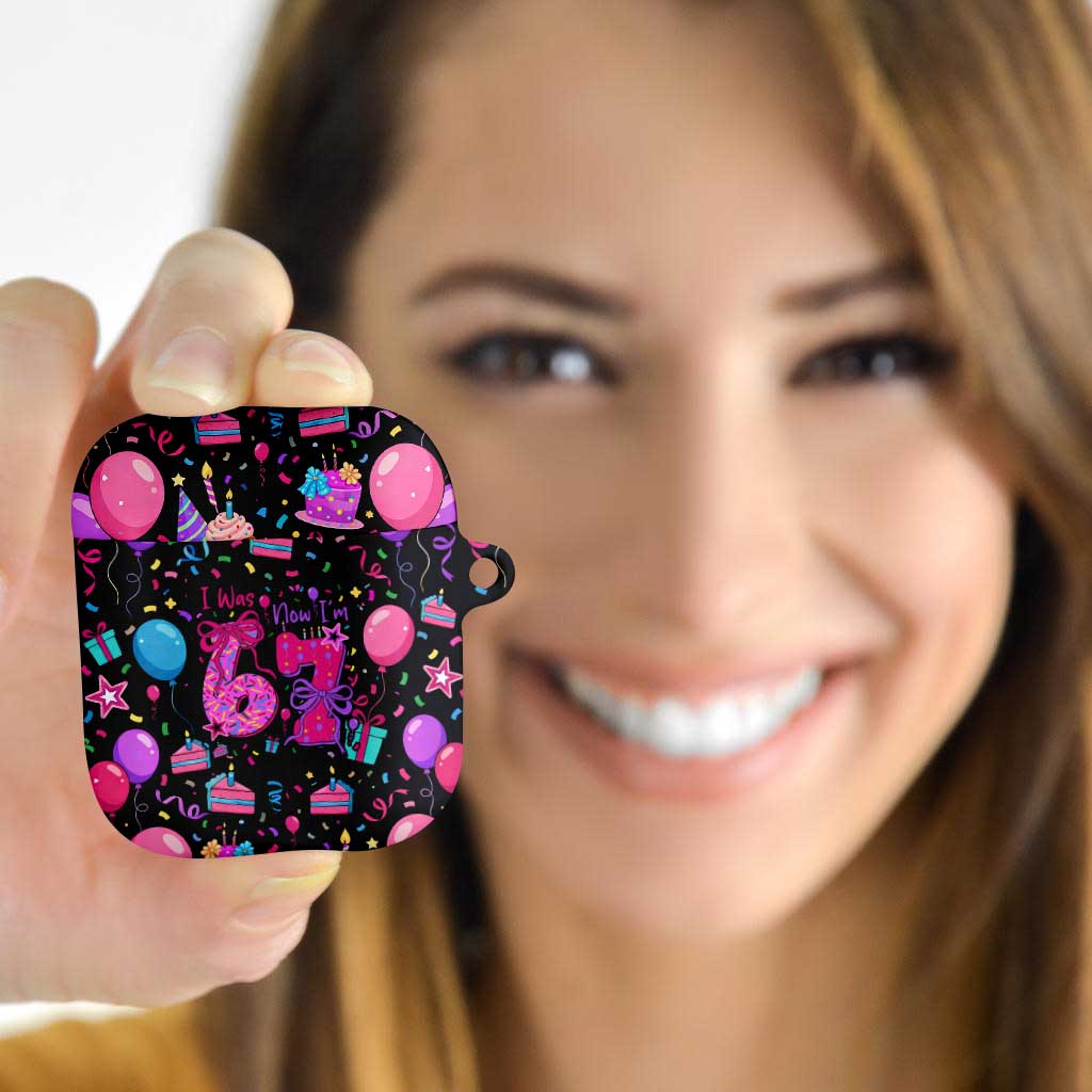 7th Birthday Girl AirPods Case with Cake Balloons Confetti and I Was 6 Now I'm 7