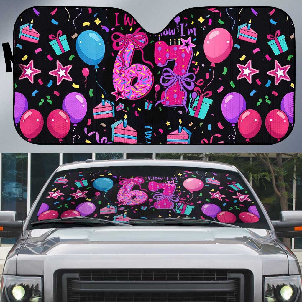 7th Birthday Girl Auto Sun Shade with Cake Balloons Confetti and I Was 6 Now I'm 7