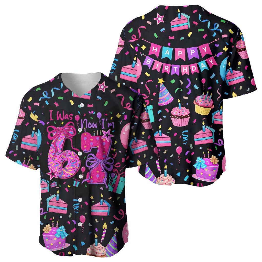 7th Birthday Girl Baseball Jersey with Cake Balloons Confetti and I Was 6 Now I'm 7